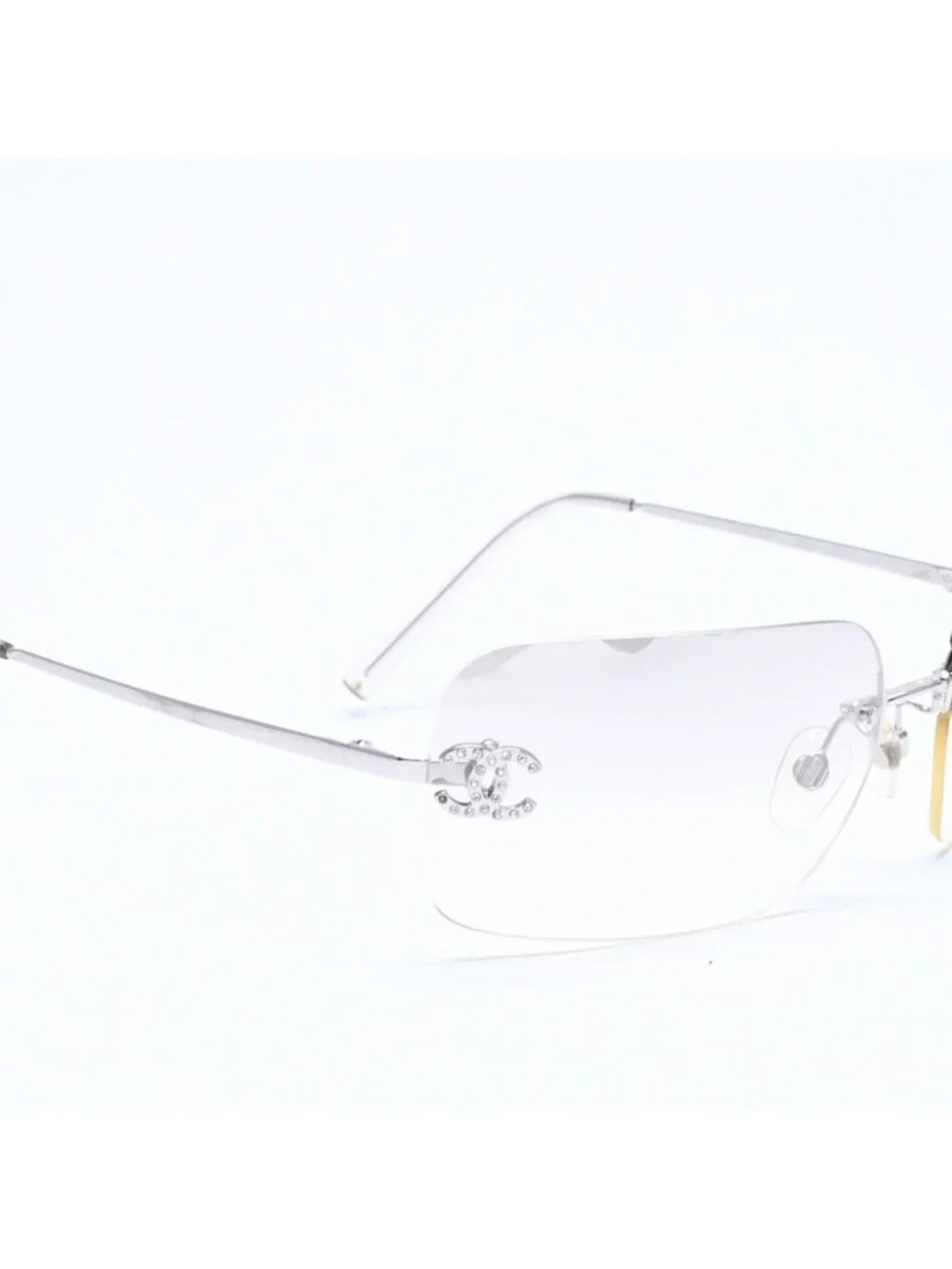 Chanel Rimless Sunglasses CC Logo Rhinestone Gray Gradation Lens Silver Eyewear